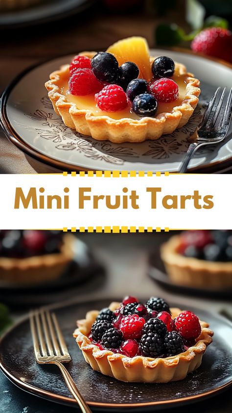 Looking for Friendsgiving food ideas? These mini fruit tarts are the perfect dessert for any winter meal! With a balanced mix of freshness and indulgence, they suit both winter dinner recipes and healthy winter treats. Their colorful presentation makes them a stunning addition to your holiday table! Tart With Fruit, Fruit Tart Vegan, Mini Berry Tarts, Winter Fruit Tart, Berry Pie Filling Recipe, Small Fruit Tray, Easy Fruit Tart Recipe, Tarts Recipe Dessert, Vegan Fruit Tart