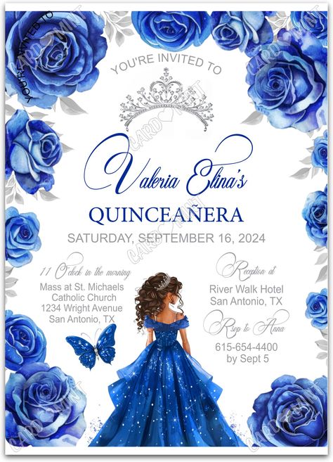 Quickly personalize. Includes matching thank you card.   Host a successful blue quince starting with this blue dress & roses blue invite!   You can edit this product yourself, during and/or after purchase. Print or send as an Evite.  Image watermarks will be removed after purchase.  The dimensions are 5"x7". Quinceañera Royal Blue, Blue Quinceanera Theme, Quinceanera Blue, Royal Blue Roses, Royal Blue Quince, Royal Blue Quinceanera, Invitations Quinceanera, Sweet 15 Party Ideas Quinceanera, Sweet 15 Party Ideas