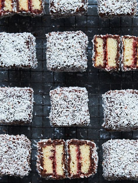 Lamingtons | Chocolate recipes | Jamie Oliver recipes Lamingtons Recipe, Afternoon Tea Recipes, Raspberry Coconut, Jamie Oliver Recipes, Cake Mixture, Chocolate Icing, Pudding Desserts, Raspberry Jam, Party Foods