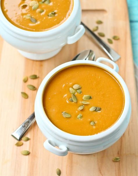 Copycat Panera Squash Soup Recipe - Vegetarian [with VIDEO] - Rachel Cooks® Panera Bread Autumn Squash Soup Recipe, Panera Autumn Squash Soup Recipe, Panera Squash Soup, Autumn Squash Soup Recipe, Autumn Squash Soup, Panera Autumn Squash Soup, Panera Recipes, Autumn Squash, Shelled Pumpkin Seeds