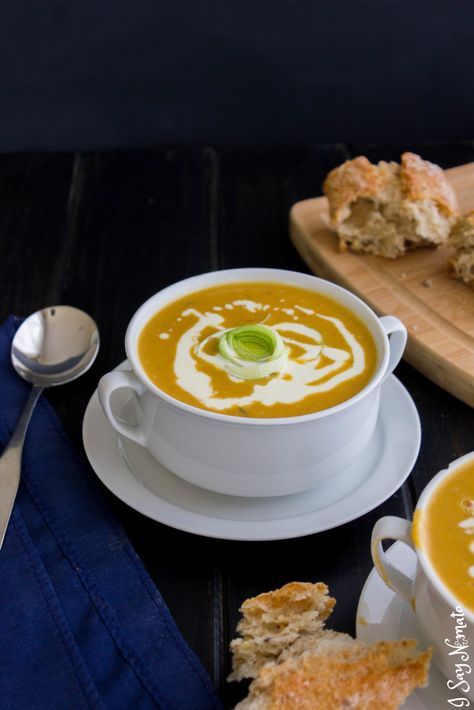 Sweet Potato and Leek Soup | I Say Nomato Sweet Potato Leek Soup, Potato And Leek Soup, Orange Sweet Potatoes, Sweet Soup, Vegetarian Chicken, Potato Leek Soup, Recipetin Eats, Leek Soup, Bowl Of Soup