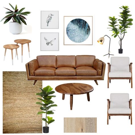 Chic Wall Art Living Room, Midcentury Modern Minimalist Living Room, Leather Couch Mood Board, Leather Sofa Mood Board, Scandinavian Lounge, This Or That Interior Design, Industrial Moodboard Interior Design, Living Room Mood Board Colour Schemes, Nature Interior Design