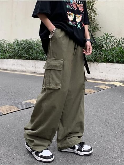 Y2k Pants Men Green Baggy Cargo Pants Streetwear Gothic Grunge Joggers Trousers Aesthetic Parachute Pants Baggy Joggers Men, Aesthetic Parachute Pants, Baggy Pants Aesthetic, Trousers Aesthetic, Green Parachute Pants, Cargo Pants Streetwear, Pants Streetwear, Y2k Pants, Baggy Cargo Pants