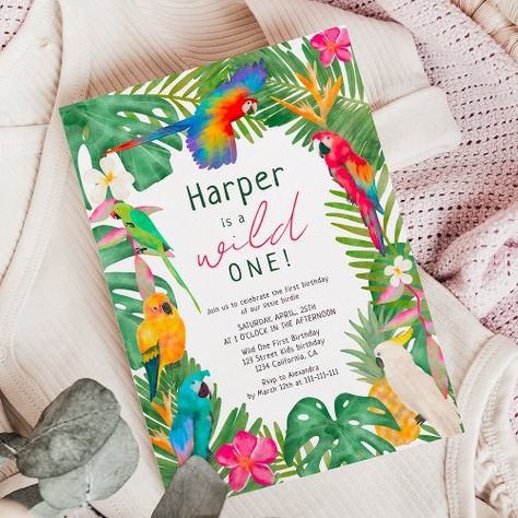 $1.9 | Watercolor tropical floral parrots 1st birthday - modern green leaves, vibrant cute parrots birds, exotic floral watercolor, script typography brush, green red and yellow, hawaiian pineapple aloa baby, watercolor tropical 1st birthday, exotic wild one, cute first birthday birdie, turning one birthday party Cute Parrots, Tropical Birthday Invitations, Floral Birthday Invitations, 1st Birthday Party Invitations, Wild One Birthday Party, Tropical Birthday, Watercolor Tropical, 2nd Birthday Invitations, 1st Birthday Invitation