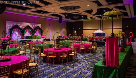 green and fuschia wedding | Fuchsia, Gold and Emerald Green at an Orlando Indian Wedding designed ... Emerald Green And Fuschia Wedding, Fuschia Wedding Centerpieces, Fuschia Pink Color, Fuschia Wedding, Round Wedding Tables, Welcome Dinner, Green Event, Wedding Themed, Party Setup