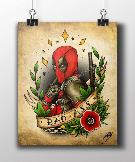 Deadpool Tattoo, Tattoos Outdoors, Sailor Jerry Flash, Traditional Tattoo Flash Art, Traditional Tattoo Old School, Tik Tok Videos Funny, Tattoo Salon, Nerd Tattoo, Sticker Tattoo