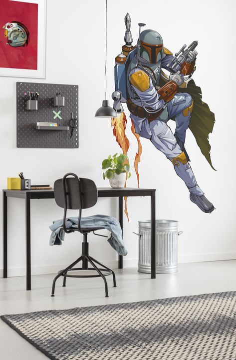 Save yourself! The bounty hunter Boba Fett combs through the Star Wars universe. @komarproducts Star Wars Living Room, Wall Tattoo, Star Tattoos, Boba Fett, Star Wars Universe, Accent Wallpaper, Self Adhesive Wallpaper, Interior Inspiration, Wall Design