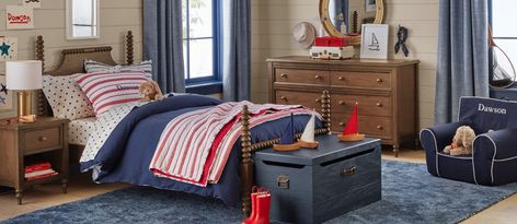 Americana Boy Room, Americana Bedroom, Boy Room Themes, Chris Loves Julia, Curved Headboard, Striped Quilt, Wood Bed, Turned Wood