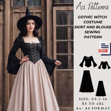 Halloween Dress Pattern, Gothic Witch Costume Dress Pattern,Fantasy Dress, Halloween Dress Sewing Pattern Skirt and Blouse  Available as an instant download (pdf) sewing pattern bundle with a range of size options, including plus sizes ⭐US Sizes: 2, 4, 6, 8, 10, 12, 14, 16, 18, 20, 22, 24, 26, 28, 30 ⭐Standard Sizes: XS, S, M, L, XL, 2XL, 3XL, 4XL ⭐These patterns are suitable for A4, A0, and US Letter size papers. ⭐Once your payment is processed, you will automatically receive download links for the pattern files. Please note that you can only download the files from a computer; they will not work on a phone or iPad. ⭐This is a digital product. You will receive zip files containing the patterns and sewing instructions. ⭐Due to the nature of digital downloads, no refund, return, or exchange Gothic Dress Sewing Patterns, Sewing Witch Costume, Gothic Dress Pattern Sewing, Halloween Dress Pattern, Fantasy Dress Sewing Pattern, Witch Skirt Pattern, Elegant Witch Costume, Witch Sewing Pattern, Goth Sewing Patterns Free