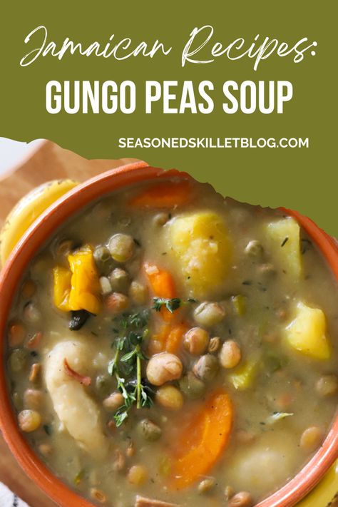 Gungo Peas Soup is a classic flavourful Jamaican soup loaded with pigeon (gungo) peas, dumplings and hearty ground provision then simmered to cozy perfection for the ultimate Caribbean comfort meal. This pigeon peas soup comes together in less than two hours and can easily be made vegetarian or vegan for the perfect Saturday or any day soup! Pigeon Peas Soup, Jamaican Gungo Peas Soup, Pigeon Pea Soup, Gungo Peas Soup, Tobago Recipes, Jamaican Coco Bread Recipe, Coco Bread Recipe, Jamaican Soup, Jamaican Stew Peas