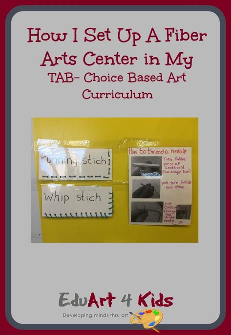 How to set up a fiber arts center in a tab choice based classroom. Fiber arts includes sewing, weaving, embroidery and other projects with materials. Tab Organization, Choice Based Art Room, Tab Art Room, Tab Classroom, Studio Habits Of Mind, Line In Art, Teaching For Artistic Behavior, Choice Based Art, Famous Artists For Kids