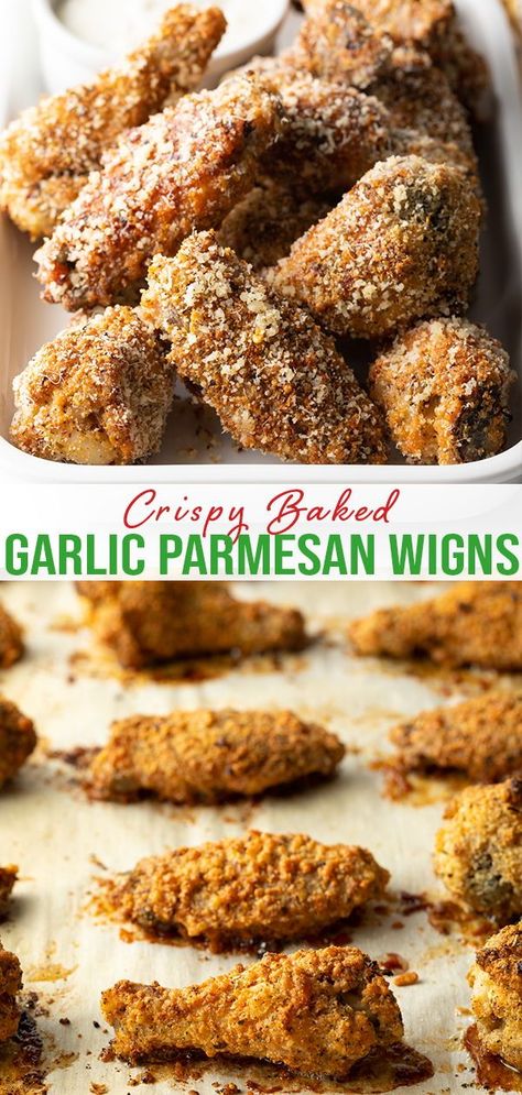 These tender, crispy and flavorful wings are oven-baked with a crunchy breading for a delicious party snack Crunchy Baked Chicken Wings, Baked Breaded Chicken Wings, Panko Chicken Wings, Oven Baked Chicken Wings Crispy, Chicken Wings In The Oven Crispy, Baked Crispy Chicken Wings, Garlic Parmesan Wings Recipe, Crispy Oven Baked Chicken Wings, Parmesan Wings Recipe