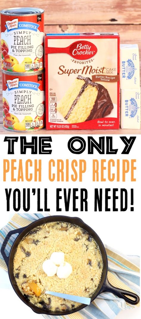 Canned Peach Pie Filling Desserts, Peach Cobbler Dump Cake Cast Iron, Peach Crisp With Pie Filling, Peach Crisp Using Canned Pie Filling, Things To Make With Peach Pie Filling, Cast Iron Dump Cake Recipes, Peach Dump Cake With Pie Filling, Peach Cobbler Using Cake Mix Recipes For, Recipes Using Peach Pie Filling