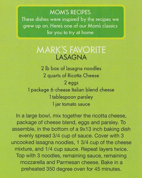 Alma Wahlburg's recipe - Lasagna - found on Facebook Wahlburgers Recipes, Themed Recipes, Tv Recipes, Cheese Packaging, Danny Wood, No Noodle Lasagna, Mark Wahlberg, Ground Meat, Family Favorite Meals