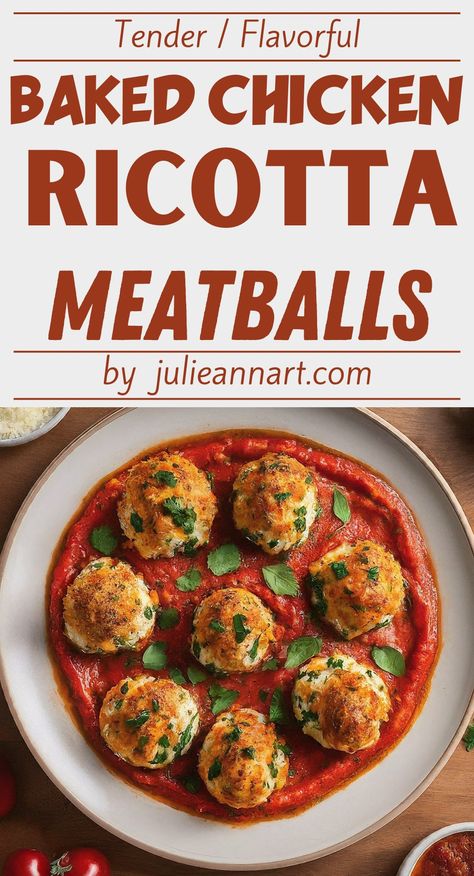 Tender & Flavorful Baked Chicken Ricotta Meatballs Ground Chicken Meatballs Baked, Baked Chicken And Ricotta Meatballs With Broccolini, Spinach Ricotta Meatballs, Chicken Ricotta Meatballs Recipe, Ricotta Meatballs Recipe, Ricotta Turkey Meatballs, Ricotta Chicken Meatballs, Baked Chicken Ricotta Meatballs, Stuffed Chicken Meatballs