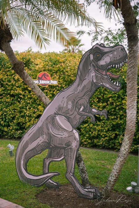 Modern Jurassic Park Party, Dinosaur Sweets, Jeep Photo Booth, Jurassic Park Decorations, Jurassic World Party Ideas, Dinosaur Party Signs, Alcohol Tower, Jurassic Party Ideas, Dino Party Decorations