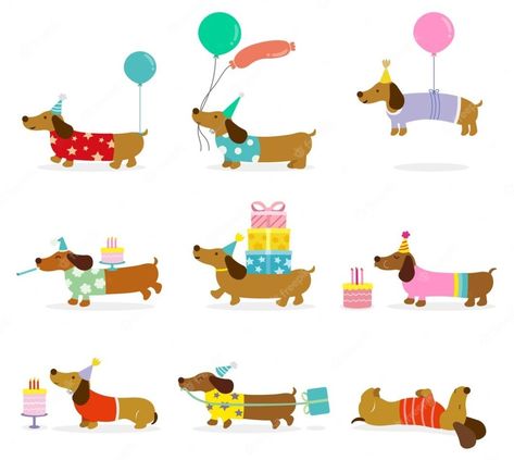 Dachshund Party, Arte Dachshund, Dachshund Cartoon, Paw Print Art, Dachshund Birthday, Animal Line Drawings, Dachshund Illustration, Dachshund Pattern, Baby Art Projects