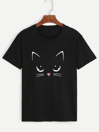 Paint On Black Tshirt, Black Tshirt Painting Ideas, Black T Shirt Painting Ideas, Cat Shirt Pattern, Cat Tshirt Design, Cat Tee Shirts, Fabric Painting On Clothes, Sweet Cat, Tshirt Printing Design