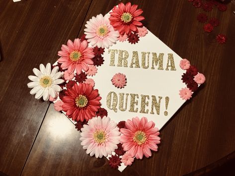 Trauma nurse graduation cap #trauma #bsn #rn #graduationcap Emergency Room Nurse Graduation Cap, Er Nurse Graduation Cap, Bsn Graduation Cap, Nurse Graduation Cap Designs, Med School Graduation, Nursing School Life, Nurse Graduation Cap, Emergency Room Nurse, Grad Hat