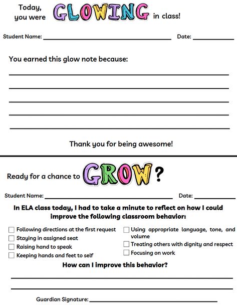 Glows And Grows, Glow And Grow, Parent Contact, Classroom Management Tool, Parenting Classes, Classroom Behavior, Following Directions, School Counselor, Classroom Management