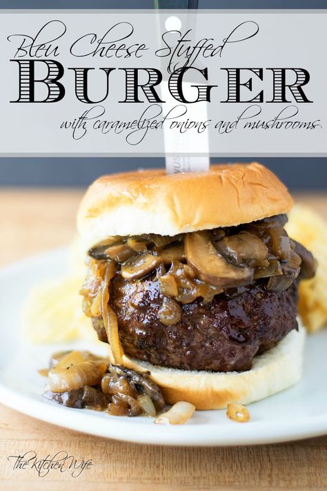 When a humble burger becomes MORE, this Bleu Cheese Stuffed Burgers with Caramelized Onions and Mushrooms Recipe is going to be a game changer this summer! Cheese Stuffed Burgers, Bleu Cheese Burger, Summer Burger, Burger Ideas, Juicy Lucy Burger, Fries Recipes, Caramelized Onions And Mushrooms, Stuffed Burgers, Unique Burgers