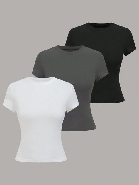 3pcs/Set Plus Size Women's Casual Basic Round Neck Short Sleeve T-Shirts Multicolor Casual  Short Sleeve Knitted Fabric Plain  Medium Stretch  Women Plus Clothing, size features are:Bust: ,Length: ,Sleeve Length: Capsule Wardrobe Tops, Plain Tee Shirts, Neat Casual Outfits, Clothes Shirt, Rich Girl Lifestyle, Color Crew, Simple Trendy Outfits, Basic Shirts, Plain Shirts