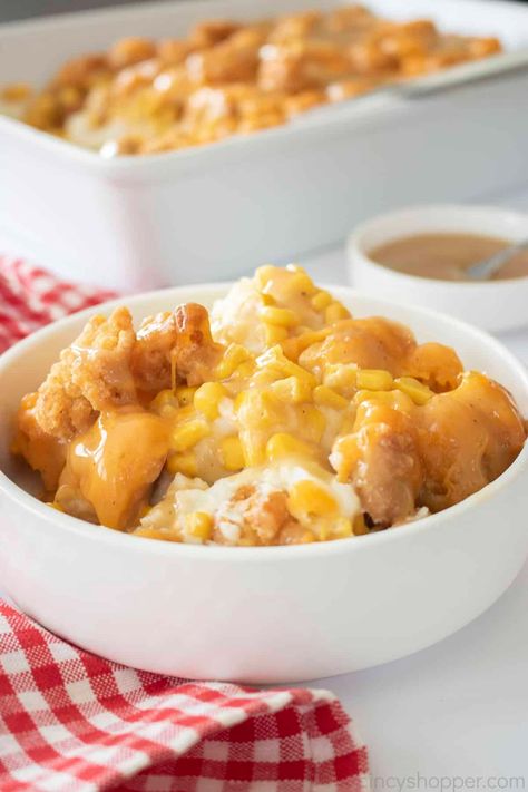 KFC Bowl Casserole - CincyShopper Kfc Bowl Recipe Casserole, Kfc Bowl Casserole, Kfc Bowl Recipe, Baked Ravioli Casserole, Amish Food, Cheese Ball Recipes Easy, Chicken Mashed Potatoes, Chicken Bacon Ranch Casserole, Ball Recipes