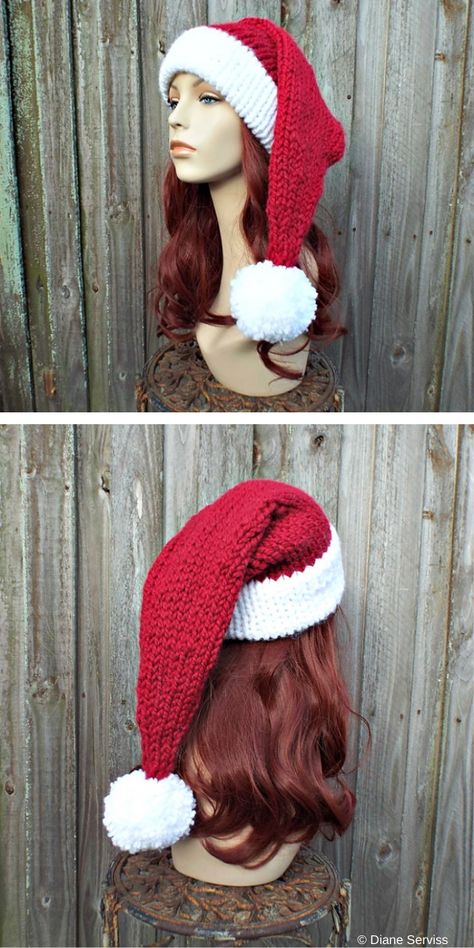 Christmas Santa Hat Free Knitting Pattern - 1001 Patterns Loom Knit Santa Hat, Adult Elf Hat Knitting Pattern, Knit Stocking Hats Free Pattern, Santa Hat Knitting Pattern Free, Knit Stocking Cap Pattern Free, Knitting Machine Santa Hat, Knitted Santa Hat, Knit Santa Hat Pattern, Knitted Elf Hat Pattern Free