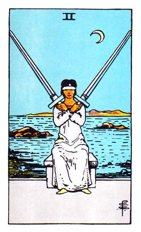 Tarot Minor Arcana card: Two of Swords Where to go when both directions are risky and still haste is called for? You must decide although you can't be sure. Archetype Crossroads. Two Of Swords Tarot Card, Two Of Swords Tarot, Two Of Swords, Knight Of Cups, Tarot Significado, Swords Tarot, Drawn Together, Tarot Meanings, Rider Waite Tarot