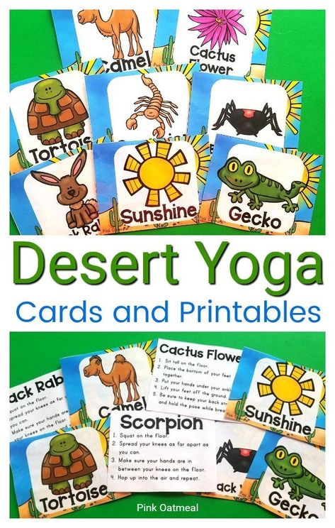 These fun desert themed yoga cards and printables are the perfect activity to incorporate movement into your lesson plans.  Great to use in the classroom, OT, PT, daycare or at home.  Perfect for preschool, kindergarten and up.  #kidsyoga Desert Animals Activities, Desert Preschool, Desert Yoga, Motor Activities For Infants, Kids Yoga Themes, Gross Motor Activities For Preschoolers, Desert Activities, Gross Motor Activities For Toddlers, Desert Crafts