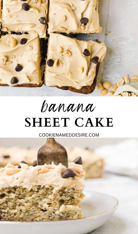 sheet cake sliced and served on plate Banana Cake With Penuche Frosting, Banana Cake With Peanut Butter Frosting, Banana Sheet Cake Recipe, Banana Peanut Butter Cake, Flavoured Cakes, Banana Sheet Cake, Banana Sheet Cakes, Snacking Cake, Peanut Butter Cake