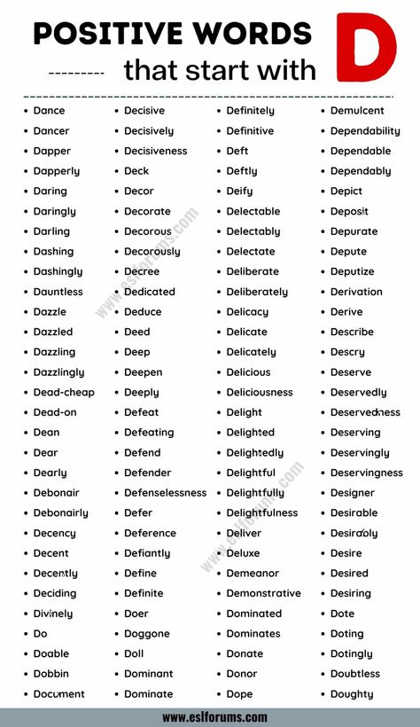 List of 270+ Positive Words that Start with D with Examples - ESL Forums Words That Start With D, Essay Writing Skills, Good Vocabulary Words, Good Vocabulary, English Language Teaching, Words To Use, English Writing Skills, English Vocabulary Words Learning, Learn English Vocabulary