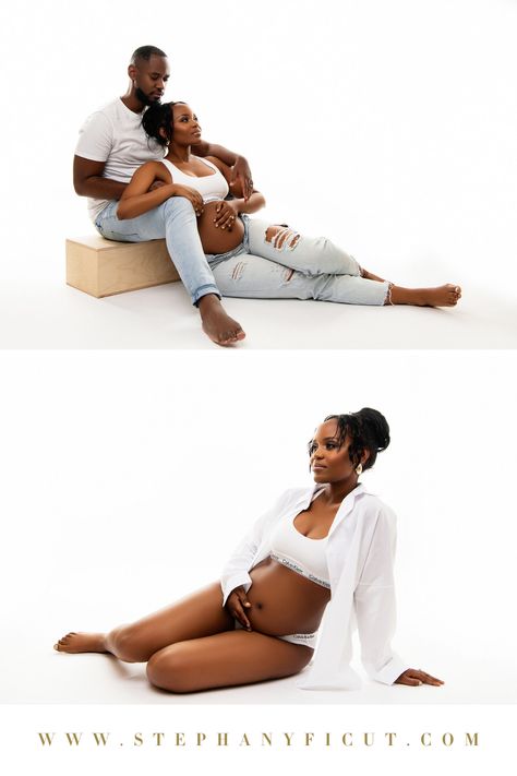 Pregnant Photoshoot Poses, Studio Maternity Shoot Black Couple, Maternity Photo Shoot Inspiration, Maternity Couple Photoshoot Ideas, Maternity Photoshoot Ideas Black Couples, Couples Photoshoot Maternity, Mertinity Photoshoot Ideas Couple, Black Couple Pregnancy Photoshoot, Maternity Shoot Unique