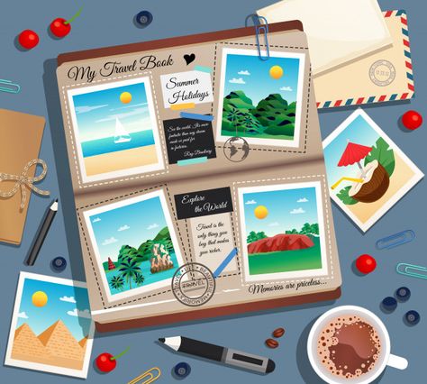 Travel Graphic Design, Travel Background, Memories Photo, Coffee Cartoon, Illustration Story, Photo Album Design, Holiday Background, Creative Background, Happy Travels