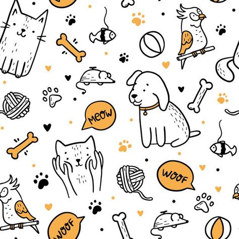 Pets cats and dogs seamless pattern in d... | Premium Vector #Freepik #vector #background #pattern #texture #dog Dog And Cat Wallpaper, Pet Doodles, Pet Background, Pet Wallpaper, Dog Doodles, Cat Pattern Wallpaper, Pets Wallpaper, Dog Doodle, Pet Pattern