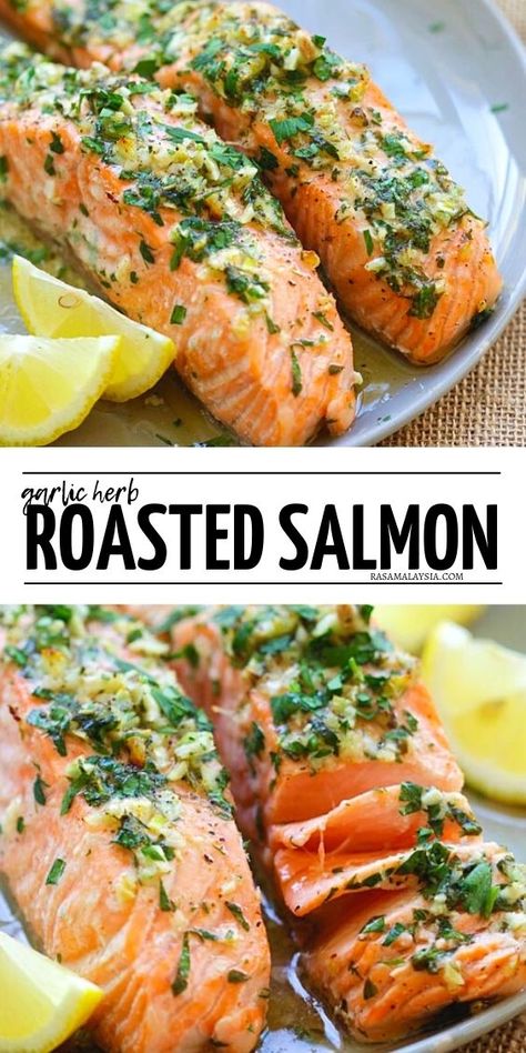 Roasted Salmon Recipes, Herb Salmon, Plat Vegan, Garlic Butter Salmon, Thanksgiving Appetizer Recipes, Butter Salmon, Roasted Salmon, Salmon Recipe, Garlic Herb