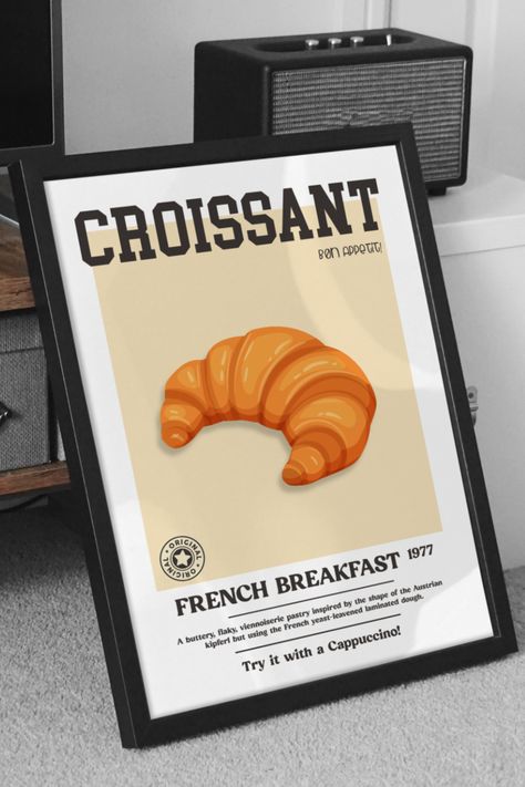 Croissant Poster Framed Croissant Poster, Breakfast Poster, Living Room Game Room, Food Reference, French Breakfast, Cocktail Poster, French Pastry, Vintage Baking, Food Graphic Design