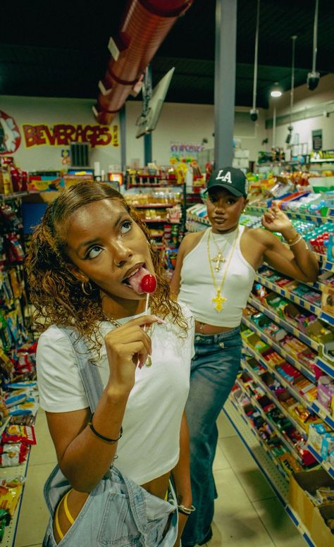 Jackie Core, Gas Station Photoshoot, Fun Photoshoot Ideas, Fuel Station, Hip Hop Costumes, Creative Shoot, Fun Photoshoot, Couples Shoot, Baseball Jersey Shirt