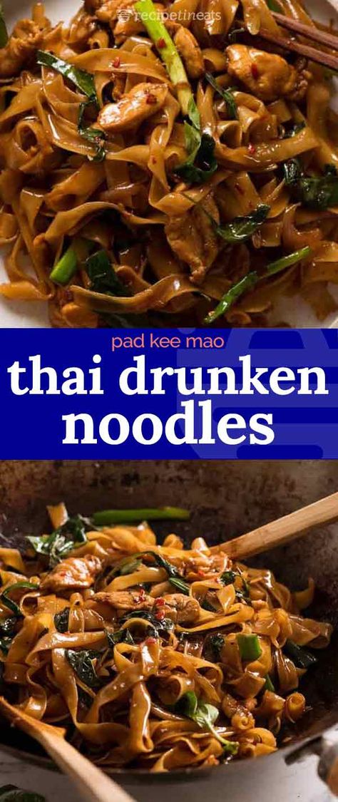 Koreansk Mad, Pad Kee Mao, Thai Drunken Noodles, Spicy Thai Noodles, Wok Recipes, Drunken Noodles, Thai Noodles, Spicy Thai, Think Food