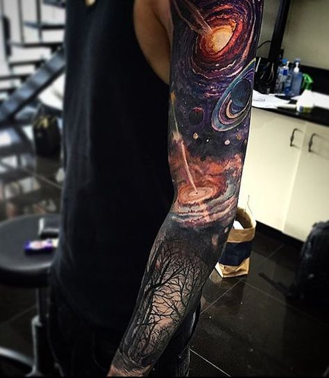 Cool space sleeve tattoo for men - This one is a super cool full tattoo sleeve for men. It can signify that just above our normal world is a much more vast and powerful place. Space Sleeve, Space Tattoo Sleeve, Astronomy Tattoo, Covered In Tattoos, Space Tattoos, Full Tattoo, Galaxy Tattoo, Geniale Tattoos, Full Sleeve Tattoos