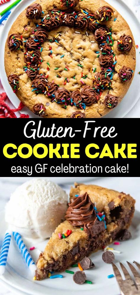 A giant gluten-free cookie cake with festive buttercream decorations is the ultimate way to celebrate birthdays or special occasions. This big, soft, chewy chocolate chip cookie will be the talk of the party when everyone learns it's deceptively gluten-free! Mama Gourmand, Gluten Free Cookie Cake Recipe, Chocolate Chip Cookie Cake Recipe, Gf Baking, Easy Gluten Free Desserts, Gluten Free Chocolate Chip Cookies, Gluten Free Chocolate Chip, Cookie Cake Recipe, Gluten Free Sweet