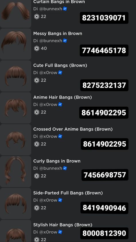 Roblox Codes For Brown Bangs, Bangs Code, Red Hair Roblox, Berry Hair, Dance Moms Costumes, Modern Decals, Brown Hair Roblox, Blocksburg Outfit Codes￼, Hair Codes