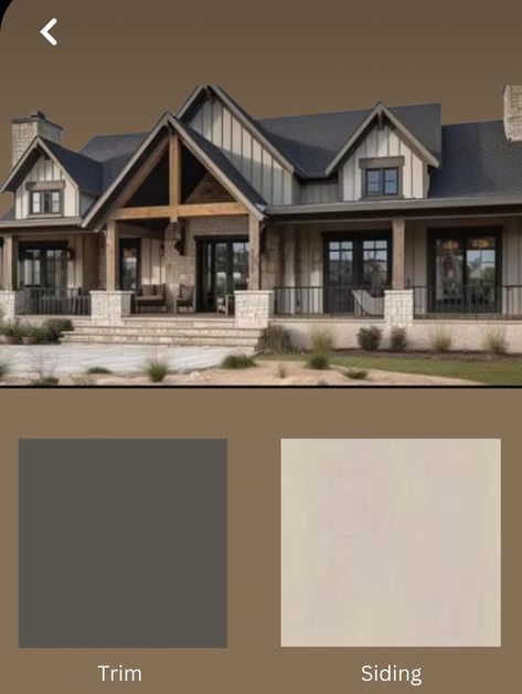 Modern House Exterior Colors Schemes, Color Houses Exterior, Exterior Paint Colors For House With Brown Metal Roof, Cream And Brown Exterior House Color, Exterior House Colors White Windows, Exterior Earth Tone House Colors, Exterior Timber Accents, Tan Siding Black Trim, Beige Barndominium Exterior