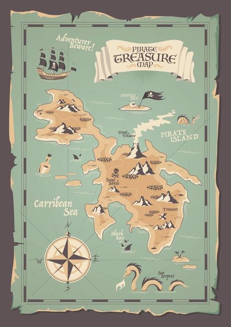 Treasure Hunt Map, Maps Illustration Design, Pirate Banner, Pirate Illustration, Pirate Map, Grunge Illustration, Pirate Island, Ship Map, Poster Project