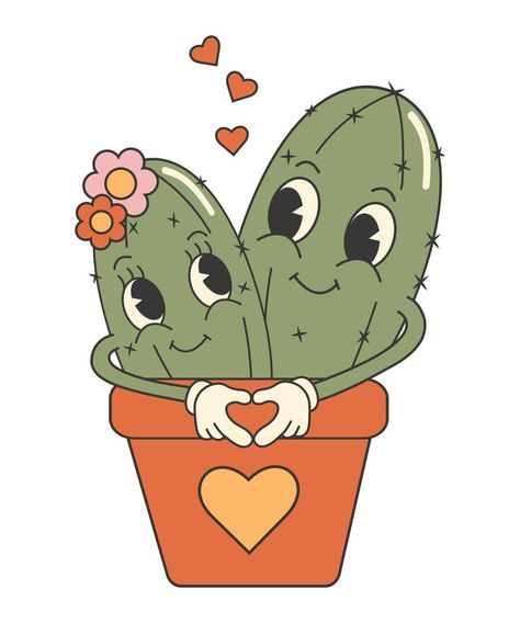 Retro groovy valentines day sticker. Cute cactus couple. 70s 60s cartoon aesthetics Valentines Cartoon Aesthetic, Aesthetic Couple Cartoon, Aesthetic In Love, Groovy Valentines, 60s Cartoons, Vector Snowflake, Valentine Cartoon, Valentines Day Cartoons, Valentines Day Drawing