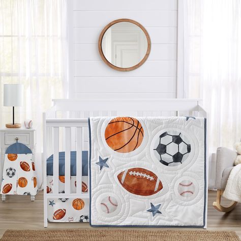 PRICES MAY VARY. 4 Piece Set Includes: Crib Blanket, Fitted Crib Sheet, Crib Skirt, and Diaper stacker Dimensions: The 4 pcs. included in this set are: Crib Blanket: 45in. x 36in. Fitted crib sheet: 52in. x 28in. x 8in. pocket, Crib Skirt: 52in. x 28in. x 15 in. Drop, Diaper stacker: 15 in. x 20 in. x 6 in. This set boasts an array of hand painted black and white soccer balls, brown footballs, orange basketballs, white and red baseballs and slate blue watercolor vintage stars print with quilted Sports Theme Room, Sports Nursery Theme, Boys Crib Bedding Sets, Crib Comforter, Baby Boy Themes, Baby Boy Cribs, Baby Crib Bedding Sets, Blue Bedding Sets, Boys Crib