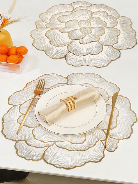 2-6pcs Gold Rose Flower PVC Placemats, Washable, Easy To Clean, Anti-Skid, Heat-Resistant, For Room Decor, Dining Table, Home Decoration Multicolor    PVC  Placemat  Fall,Spring,Summer,Winter,All Seasons Kitchen & Dining, size features are:Bust: ,Length: ,Sleeve Length: Table Settings Ideas, Gold Table Runners, Autumn Table, Kitchen Table Decor, Gold Table, Retro Gift, Kitchen Themes, Crystal Decor, Dining Table Decor