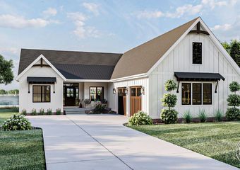 One Story Modern Farmhouse | Fitzgerald Modern Farmhouse One Story Exterior, Exterior Design One Story, House With Garage On Side Layout, One Story Homes Small, House With Garage In Front Design, White Vertical Siding Exterior, L Shape House Design, Farmhouse Rambler, White Board And Batten Exterior