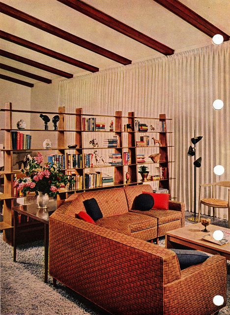 Fantastic room divider - Mid Century Modern, 1956 edition, Better Homes & Gardens Decorating Book. Living Room With Tv, Mid Century Room Divider, Room With Tv, Bamboo Room Divider, Mid Century Interior, Retro Interior Design, Mid Century Living, Mid Century Modern Living, Casa Vintage