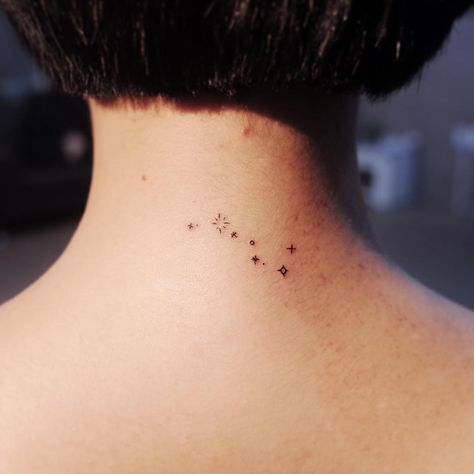 There are certain tattoo spots that just seem to work best with small, minimalistic ink: the wrist, the ribs, the ankle, and, of course, the back of the Big Dipper Tattoo, Dipper Tattoo, Celestial Tattoo, Tattoo Spots, Tattoos Infinity, Back Of Neck Tattoo, Neck Tattoos Women, Handpoke Tattoo, Harry Potter Tattoos